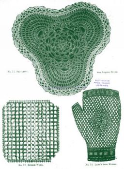 No. 71. SERVIETTE FOR LIQUEUR STAND,
No. 72. RIBBON-WORK,
No. 73. LADY'S SILK MITTENS.