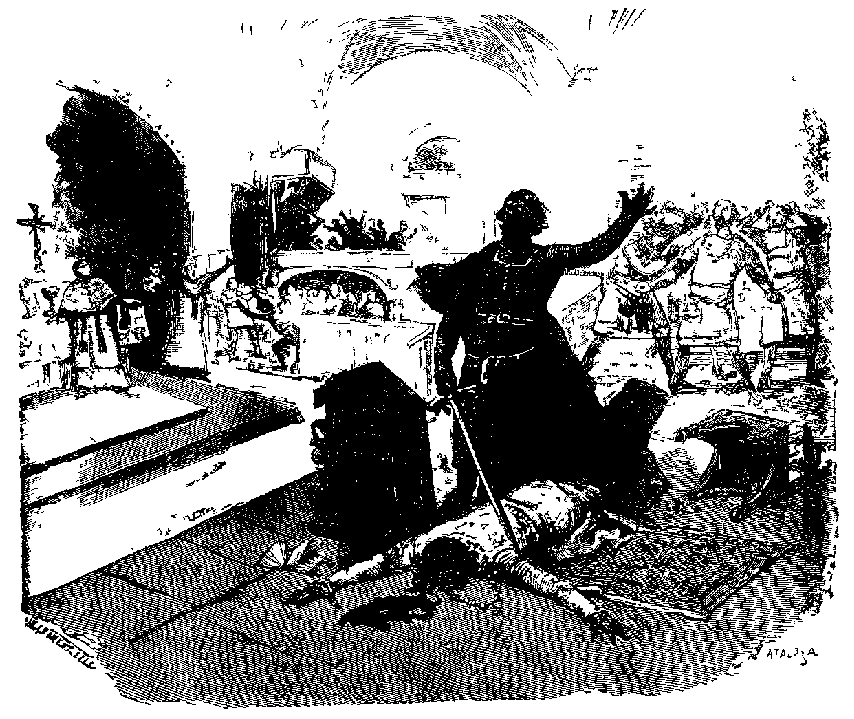 ...Met gekloofd hoofd op den vloer der kerk....