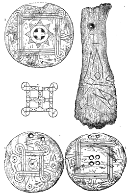 Fig. 10.&mdash;Engraved shells from mounds.