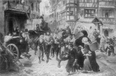 A painting showing bound robber barons being escorted through the streets
by armed guards. Inhabitants of the town surround the procession, shouting and
and throwing things at the bound men.