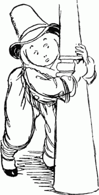 My position and my full-length portrait
(but my real ears don't stick out horizontal) was behind a
corner-lamp-post, with written orders to remain there till I should see
Miss Drowvey fall.