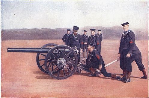SIGHTING A NAVAL FIELD GUN.
Photo by Gregory & Co., London.
