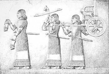 Fig. 23.&mdash;The suite of Sargon, <i>continued</i>. Bas-relief from Khorsabad; in the Louvre. Alabaster. Height 90 inches. Drawn by Saint-Elme Gautier.