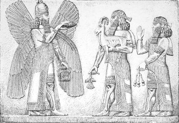 Fig. 29.&mdash;Offerings to a god; Alabaster relief. Louvre.
Height 10 feet. Drawn by Saint-Elme Gautier.
