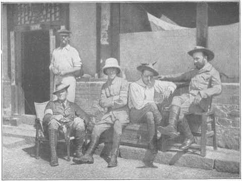 War correspondents in Manchuria.  From a photograph by Guy Scull.
 R. H. Davis (Collier&rsquo;s), W. H. Lewis (New York Herald), John Fox,
Jr. (Scribner&rsquo;s), W. H. Brill (Associated Press)