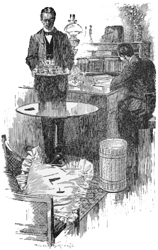 At half-past four his servant brought in a small
tea-equipage