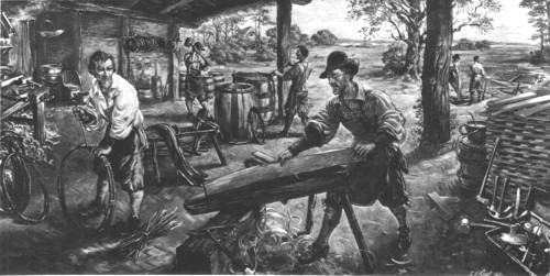 "The Cooper" as he may have worked in early Jamestown. A
painting by Sidney King for Colonial National Historical Park.