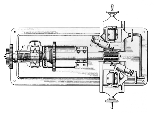 Figure 21.&mdash;A hob-grinding machine of 1933, showing use
of the master screw with a modifier but without change gears. Carl G.
Olson&rsquo;s U.S. patent 1901926.