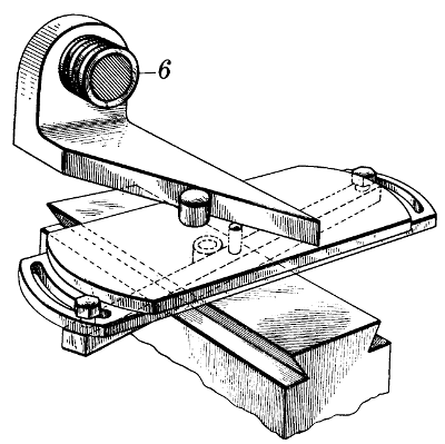 Figure 22.&mdash;A sine-bar device to modify the effective
lead of a master lead screw without introducing a complex mechanism
which would be both difficult to make and to operate within the required
close limits. Carl G. Olson&rsquo;s (1933) U.S. patent 1901926.