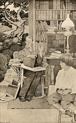 'A great book open on his knee .&nbsp;.&nbsp;. a score or so disposed within easy reach'