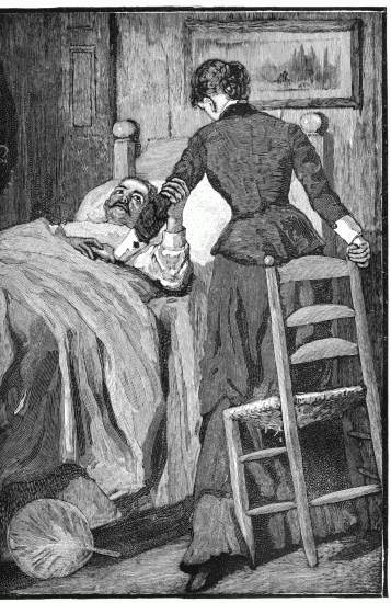 "SHE TRIED TO RISE, BUT HE HELD HER ARM WITH BOTH
HANDS."