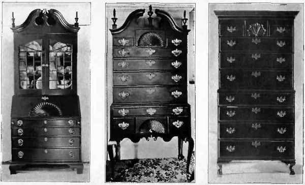 Plate XXXV.&mdash;Secretary, showing shell ornamentation; Highboy with shell ornamentation and ball and claw feet, 1760; Highboy with shell ornamentation.