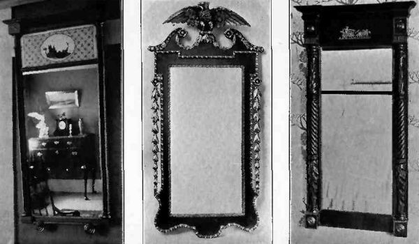 Plate XLIII.&mdash;Picture Mirror showing Dawn, in Adams House, 1703; English Georgian Mirror, 1750; Two-piece Looking-glass, 1750.