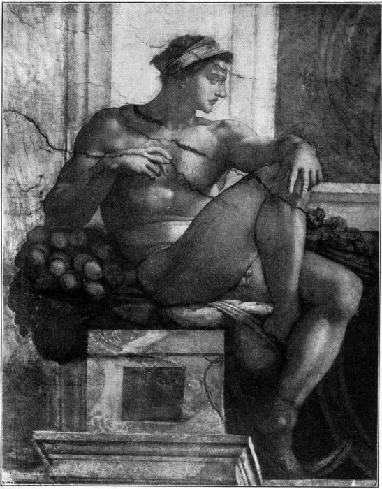 MICHELANGELO.SKLAVE VON DER DECKE DER SIXTINISCHEN KAPELLE IN ROM. Illustration: Michelangelo. Sklave von der Decke der Sixtinischen Kapelle in Rom