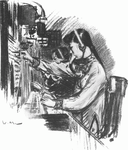 The switchboard of the Chinatown telephone exchange is set
in a shrine and the operators are dressed in Chinese silks
