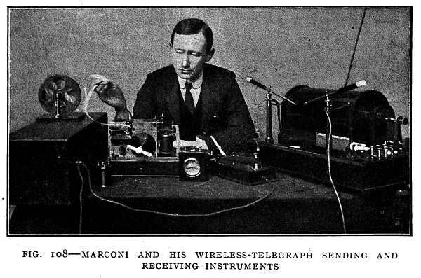 FIG. 108&ndash;MARCONI AND HIS WIRELESS-TELEGRAPH SENDING AND RECEIVING INSTRUMENTS