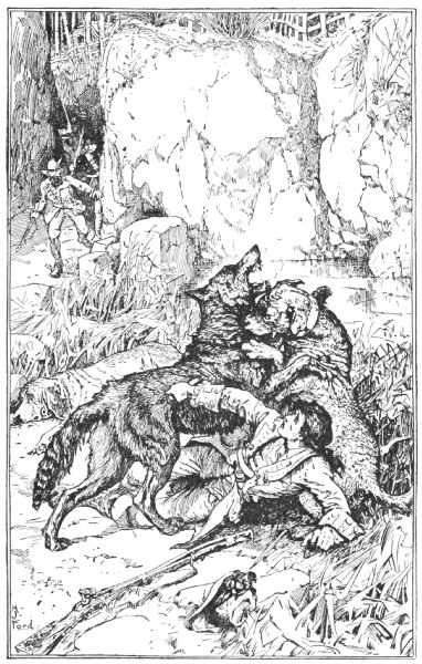 L&eacute;once and Castor struggle with the wolf