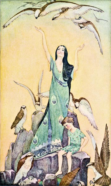 THROWING UP HER ARMS, SHE CRIED
A LONG CALL, AND THE BIRDS BEGAN TO
COME LOWER AND LOWER DOWN.