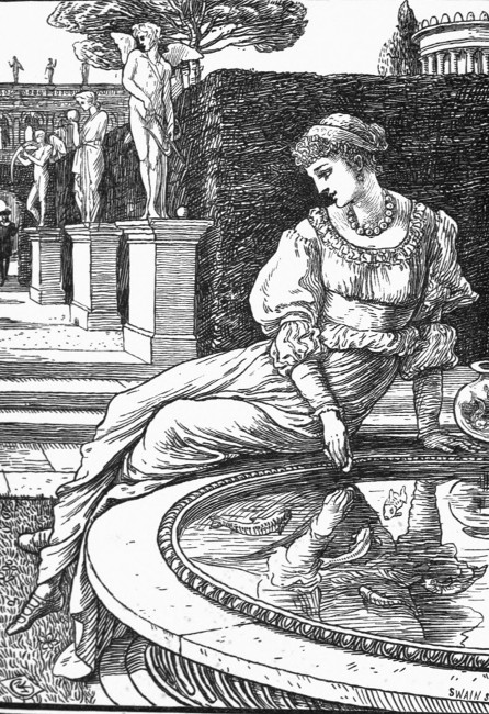 "She was in the garden, lying on the marble edge of a
fountain, feeding the gold fish who swam in the water."&mdash;Frontispiece.