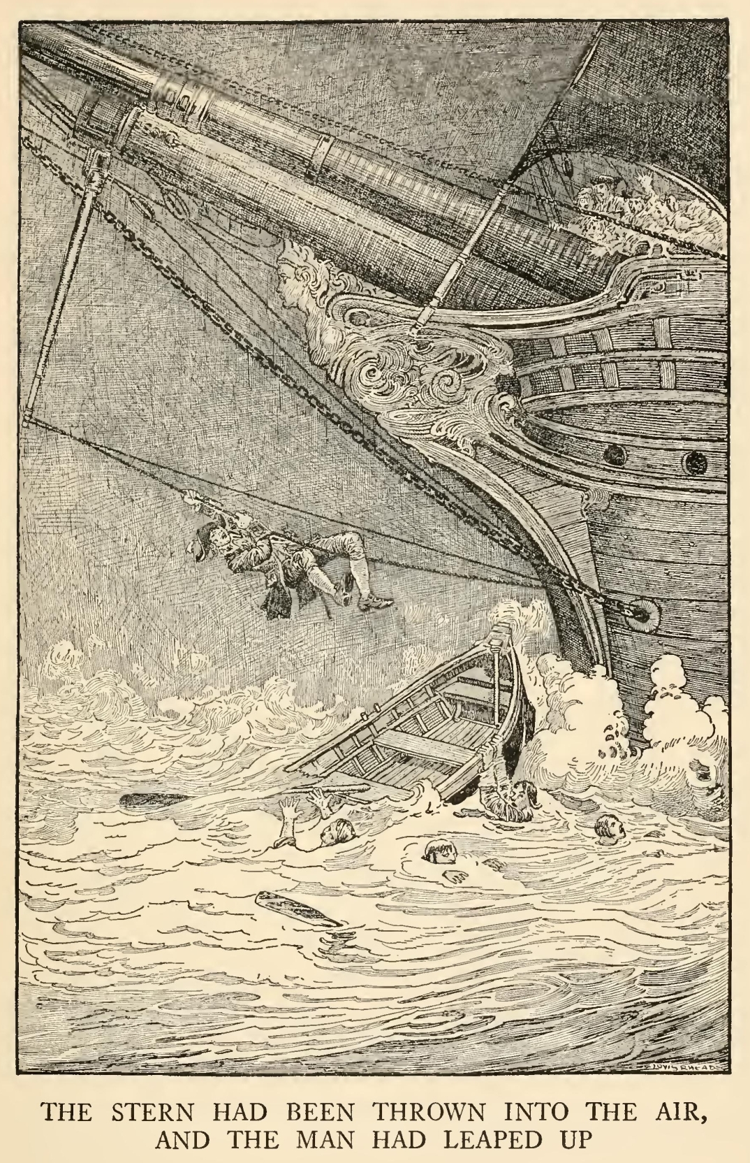 The stern had been thrown
into the air, and the man had leaped up