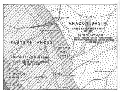 Fig. 17&mdash;Regional diagram of the Eastern Andes (here the
Cordillera Vilcapampa) and the adjacent tropical plains. For an
explanation of the method of construction and the symbolism of the
diagram see p. 51.