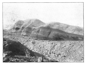 Fig. 31. A part of the edge of the Greenland glacier,
with clean white ice above, and dark discolored bands
below where laden with rock fragments. In the foreground
is a boulder-strewn moraine.