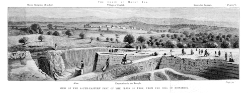 THE CHAIN OF MOUNT IDA.
Mount Gargarus (Kasdak).
Village of Chiplak.
Snow-clad Summit.
Excavations in the Temple.
Altar.

VIEW OF THE SOUTH-EASTERN PART OF THE PLAIN OF TROY, FROM THE HILL OF
HISSARLIK.