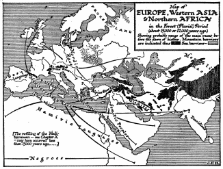 Map of EUROPE, Western ASIA & Northern AFRICA in the
Forest (Pluvial) Period (about 15,000 or 12,000 years ago)

Showing probable range of the main races before the dawn of history.
Mountain barriers are indicated thus {symbol} Sea barriers {symbol}