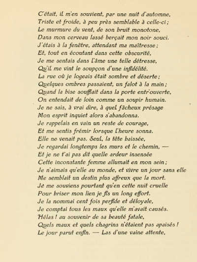 PAGE FROM A. DE MUSSET'S “LES NUITS” (JULES MEYNIAL,
PARIS), PRINTED IN TYPE DESIGNED BY ADOLPHE GIRALDON CAST BY LA MAISON
DEBERNY
