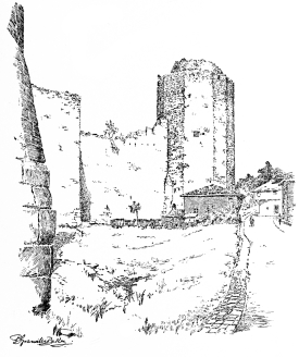 Part of Turkish Fortress of Yedi Koulé.

We may enter one of the strong towers, the shape of which is familiar to
all who have visited Roumeli Hissar, and thus we know it to be of
Turkish construction.