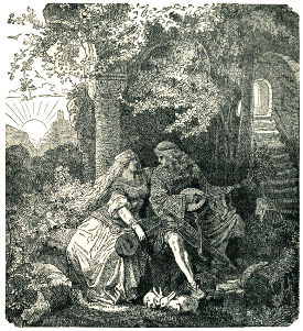 TRISTRAM TEACHES ISOLDE TO PLAY THE GUITAR.