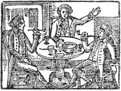 Three men at
a table eating, drinking, and talking
