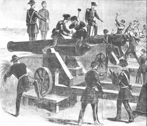 Spiking the guns at Fort Moultrie, just prior to departure for Fort Sumter, December 26, 1860. From Frank Leslie&rsquo;s Illustrated Newspaper, January 5, 1861.