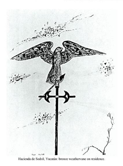 Hacienda de Sodzil, Yucat�n: bronze weathervane on residence.