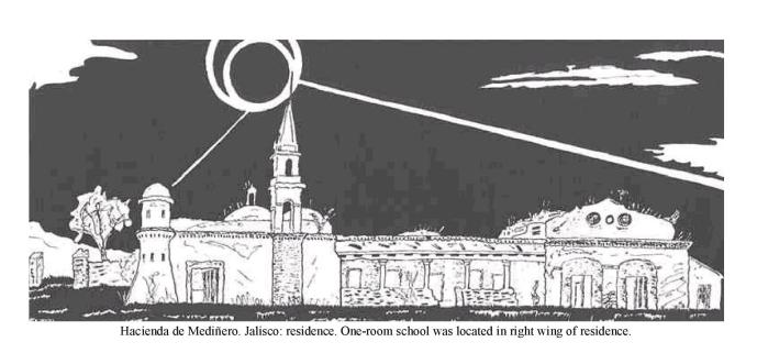 Hacienda de Medi�ero.  Jalisco: residence. One-room school was located in right wing of residence.
