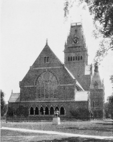 STATUE OF JOHN HARVARD AND MEMORIAL HALL, HARVARD
COLLEGE.