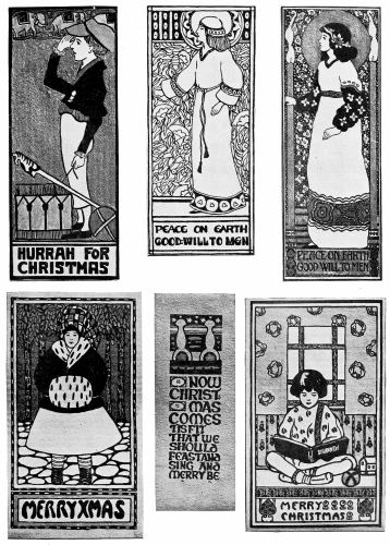 Plate 10

Cards using figures of the poster type. In these the accent has been
placed on the decorative design quality. If properly done, such a
problem gives the student fine training in spacing, balance and rhythm,
and results in a highly artistic card.