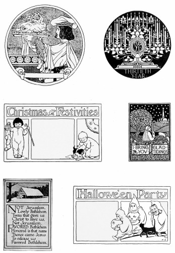 Plate 12

A Page of useful holiday designs. These may be used as the basis of
original cards. Their wide range suggests a variation of techniques.
Simple line drawings, similar to that of Hallowe’en are best adapted to
hand coloring.