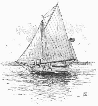 The Spray leaving Sydney, Australia, in the new suit
of sails given by Commodore Foy of Australia. (From a photograph.)