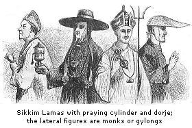 Sikkim Lamas with
praying cylinder and dorje; the lateral figures are monks or gylongs