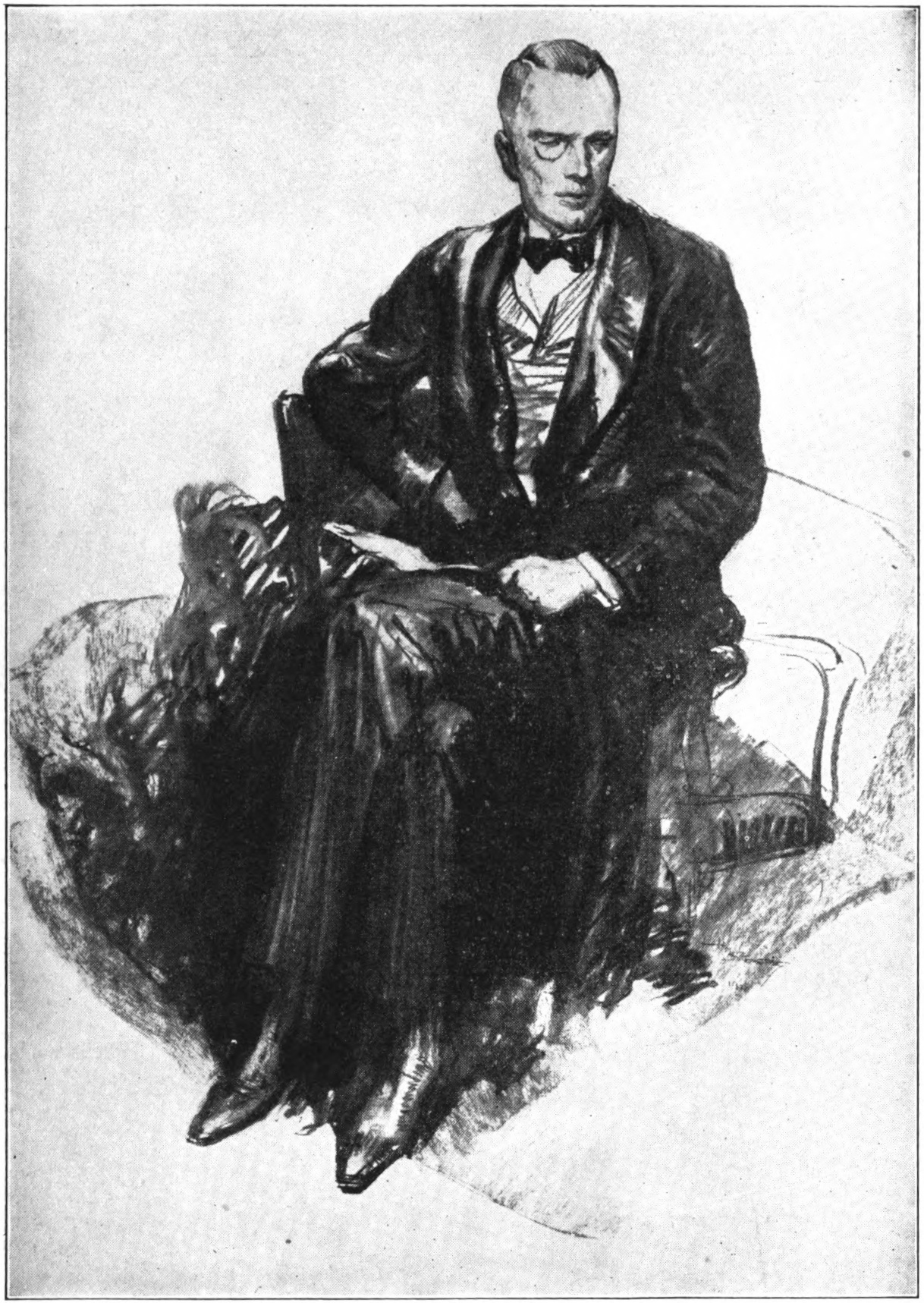 A sketch of a seated
    gentleman in evening dress and wearing an monocle.