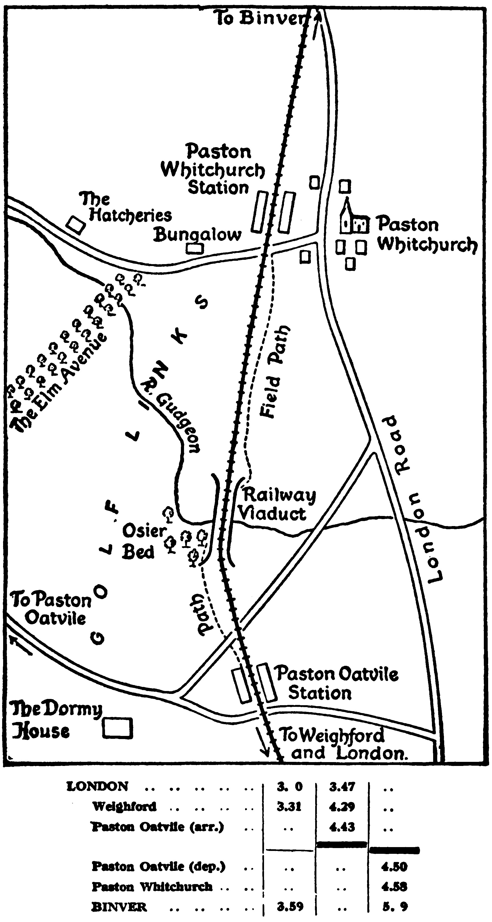 A map showing the railway line
between Paston Oatvile station and Paston Whitchurch station, and the
viaduct where the railroad crosses the river and the golf links. The
Dormy House is situated nearer to Paston Oatvile, while the Hatcheries
is close by Paston Whitchurch. A railway timetable shows that the 3
o’clock train from London arrives in Binver at 3.59 without stopping
at either station, while the 3.47 London train ends at the Paston
Oatvile station at 4.43, while another train departs Paston Oatvile at
4.59 for Binver.
