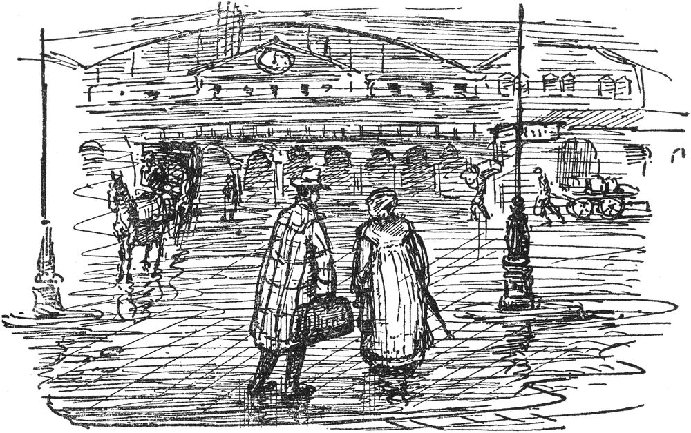 Der Erzähler mit seiner Frau
  vor der Abreise am Bahnhof