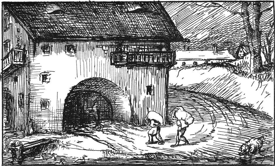 Abladen der Getreidesäcke
  bei der Mühle