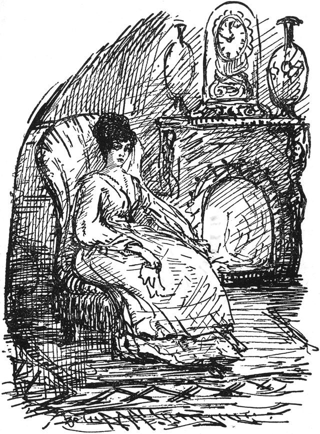 Melitta, am Kamin im Sessel
  sitzend