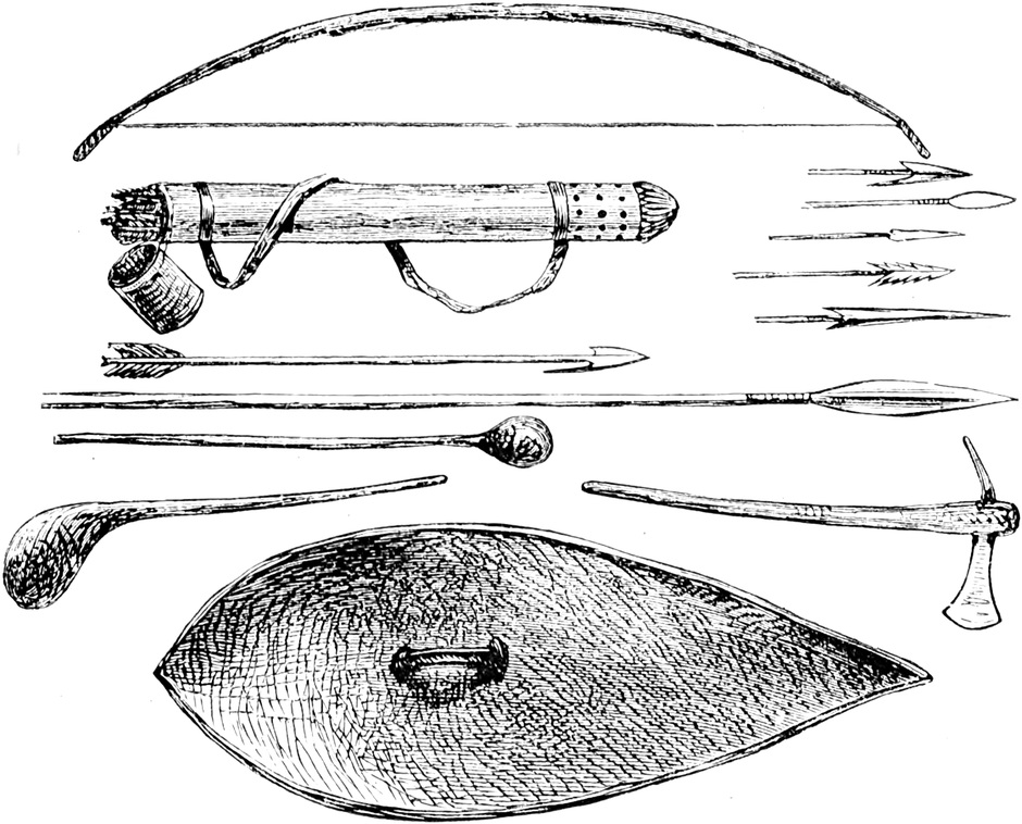 Einige Speere, Pfeilspitzen,
  Bogen, Köcher und Schild