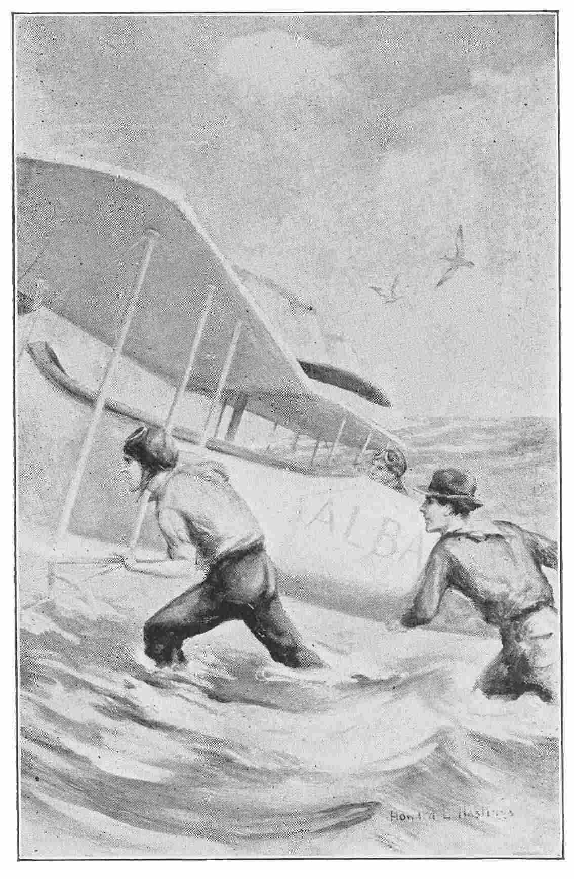 three boys rescuing airplane from water