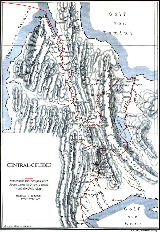 Karte von Zentral-Celebes,
  eingezeichnet sind die im Buch beschriebenen Reiserouten