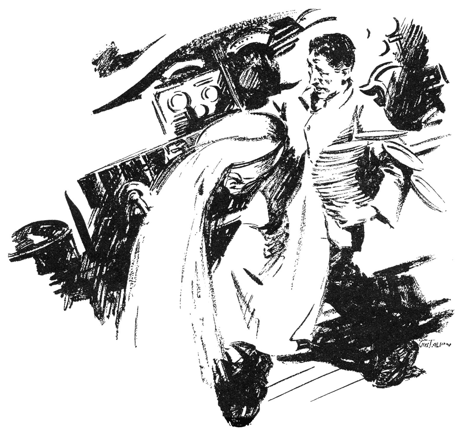 The mess cook spilling soup and dishes in the control-room.