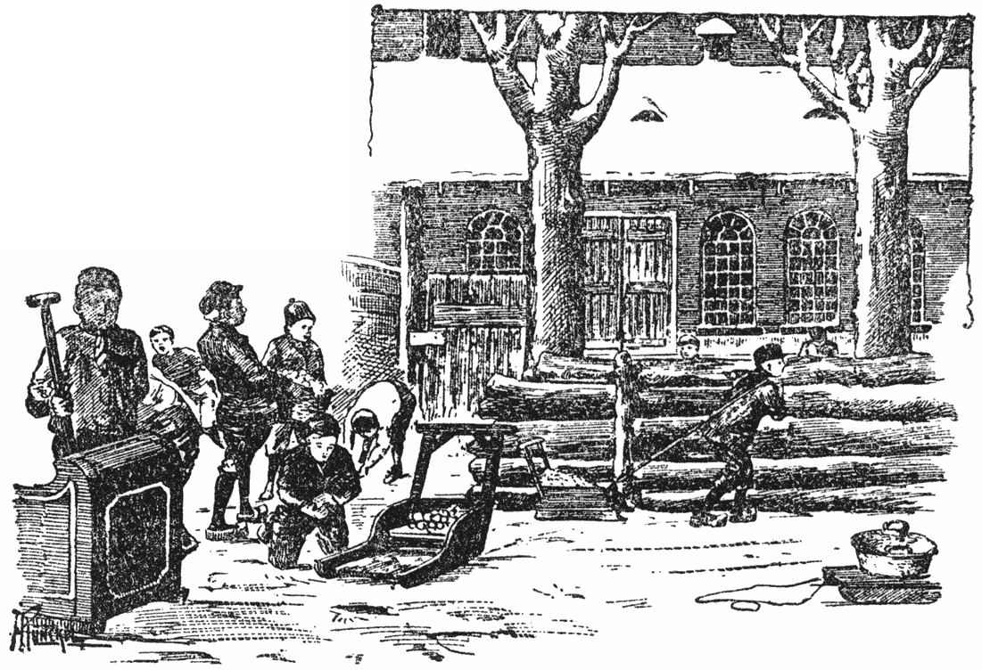 Met sleden en schoppen togen de jongens aan het werk.